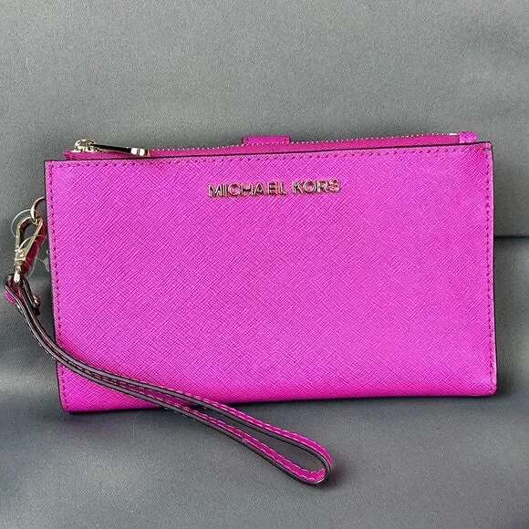 Michael Kors Pink Fuschia Leather Jet Set Travel Double Zip Wristlet Wallet - Picture 15 of 16